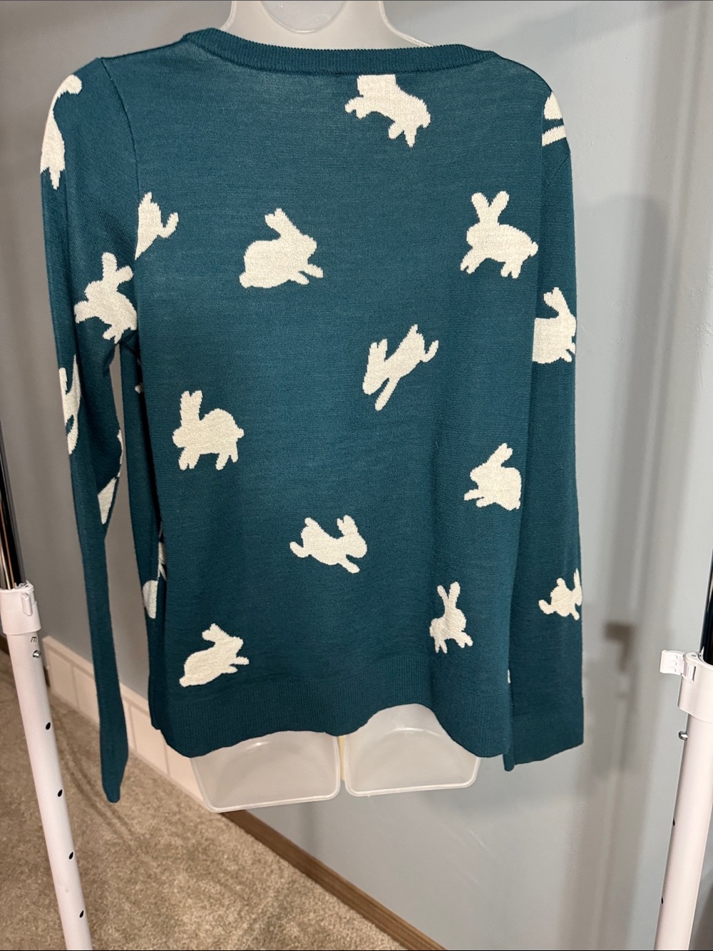 LOFT Teal Crewneck Sweater with White Bunny Motif - Picture 3 of 5